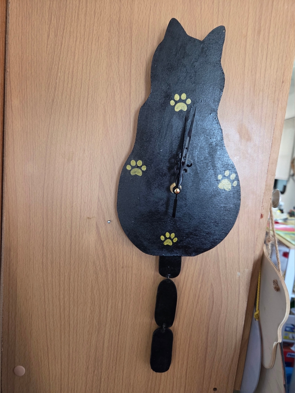 Hand Made  Black Cat Wall Clock with Gold Paw Prints For Time
